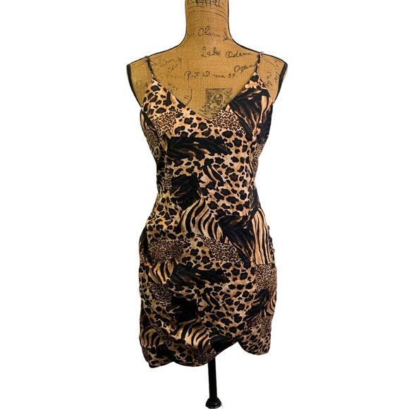 URBAN OUTFITTERS Dress Mini Mixed Animal Smocked Back Spaghetti Strap‎ Bodycon - Picture 1 of 13